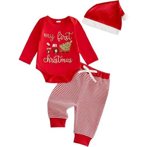 My First Christmas Baby Boy Outfit Romper Striped Pants Hat 3Pcs