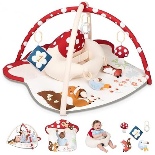 Baby Play Mat & Baby Seats for Infants for Sitting Up | Tummy Time Gym Activity Mat with 5 Detachable Toys for Stage-Based Sensory | Babies Essentials Gift for Newborn 0-6-12-18 Months (Red)