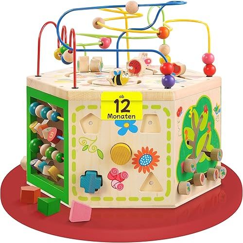 Garden Activity Cube. Wood Shape & Color Sorter, Bead Maze & Counting Baby Toy
