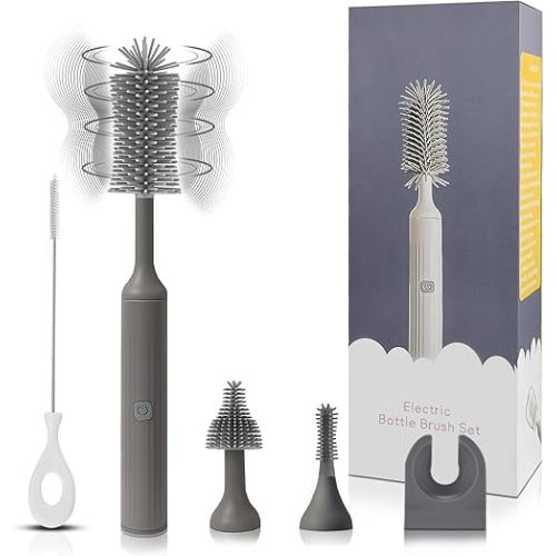 Electric Cleaning Brush with USB Rechargeable Electric Bottle Brush Cleaner and 3 Replaceable Silicone Bottle Brushes and Straw Cleaner Brush,Perfect Baby Gifts and Kitchen Brushes(Grey)