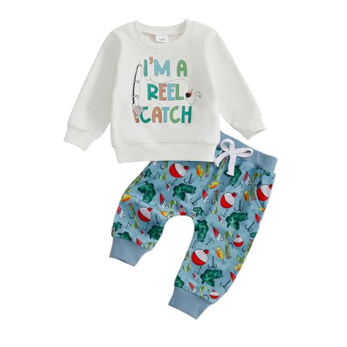 Kupretty Toddler Baby Boy Clothes Fishing Outfit Sweatshirt Pants Set | 6 12 18 24 Month 2T 3T 4T Clothes Fall Winter Long Sleeve Fish Pullovers Fishing Joggers