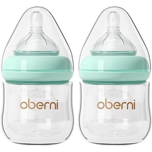 Oberni Lot de 2 biberons en verre anti-coliques pour nouveau-né de 0 à 3 mois, 120 ml, avec réponse naturelle, débit lent, tétine, bleu