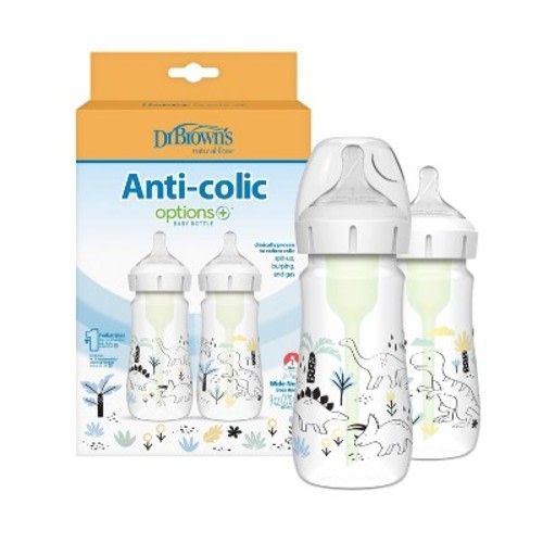Dr. Brown's Anti-Colic Options+ Wide-Neck Baby Bottle - Dino Designs - 9 fl oz/2pk