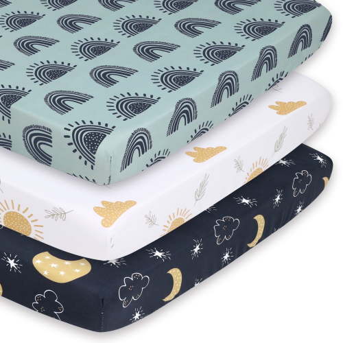 The Peanutshell Baby Playard Sheets Pack of 3 Fitted Mini Crib Sheets for Day and Night in Navy, Yellow, Green