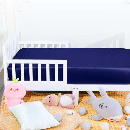 2 Pack Silk Satin Fitted Crib Sheet with Deep Pocket, Easy Care and Breathable Fitted Sheet for Toddler Bed, Boys, Girls, Navy Blue, 28"×52"+8"