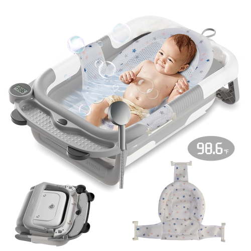 Foldable Baby Bathtub Portable Infant Baby Bath Tub with Thermometer and Shower Hole(Gray + Net)