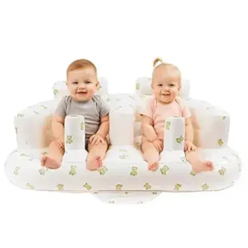 EKEPE Baby Inflatable Seat for Twins Babies 3 Month and Up, Side-by-Side Double Inflatable Floor Chair for Sitting Up with Built in Air Pump, Blow Up Baby Chair for Infants - Twins Bear