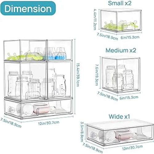Vtopmart Stackable Storage Drawers Set of 5, Clear Plastic Organizer Bins for Baby Bottle, Beauty Supplies Storage, Ideal for Kichen Countertop, Vanity, Bathroom, Cabinet, Pantry Organization