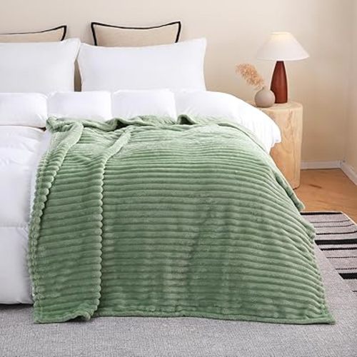 Sage Green Fleece Throw Blanket 50”×70” for Couch Sofa Bed,Super Soft Cozy Plush Microfiber Flannel Blanket with Stripes Design Lightweight for Adults,Woman,Girls