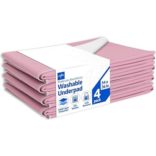 Medline Washable Bed Pads for Incontinence, Large 34 x 36 inch Reusable Underpads, 4 Pack, Pee Pads for Dogs, Adults, Kids and Baby, Pink Sofnit 300