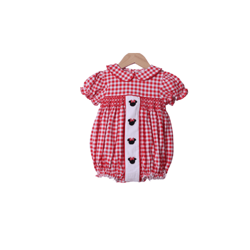 Hand Embroidered Mouse Red Gingham Knit Bubble