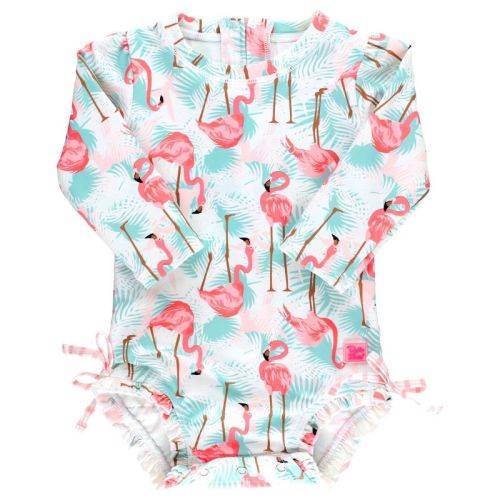 RuffleButts Baby Long Sleeve One Piece Rash Guard - Vibrant Flamingo, Size : 0-3 Months