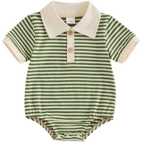 Newborn Baby Boy Summer Clothes Short Sleeve Polo Bubble Romper Striped Turn Down Collar Onesie Vintage Baby Clothes