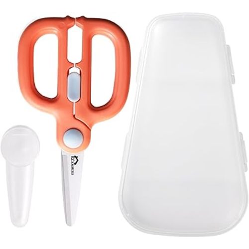 Ceramic Baby Food Scissors with Travel Case, Dust Cover & Safety Lock, Toddle Scissors, Baby Led Weaning Food Cutter, Parent Must have for Baby & Toddle Feeding(Pizza, Meat, & Vegetables) (Orange)