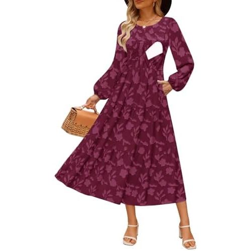 Women's Nursing Dresses Fall Boho Floral Maxi Dress Breastfeeding Long Sleeve Crewneck Wedding Guest with Pockets