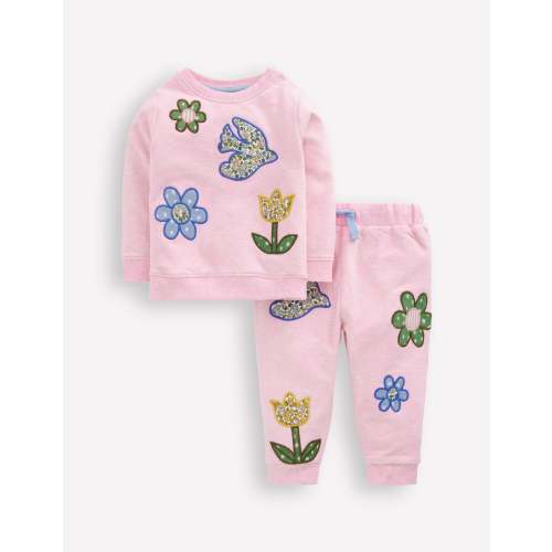 Applique Sweatshirt Set-Pink Floral Patchwork