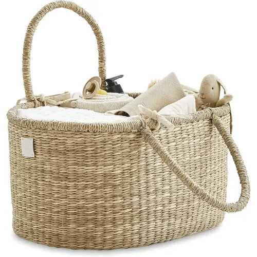 BEBE BASK Premium Baby Diaper Caddy Organizer - Artisan-Made Seagrass Basket With Cotton Divider - Award-Winning & Luxury Diaper Caddy Basket (ROSA)