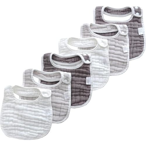 Baby Muslin Bibs and Burp Cloths, 6 Pack, Soft Absorbent Cotton, Adjustable