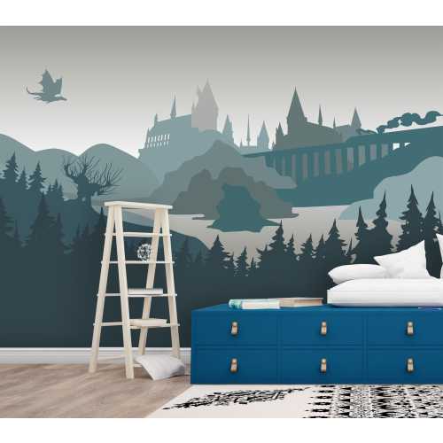 Dragon Castle Wallpaper Mural Kids Room, Fantasy Wall Mural Nursery Self Adhesive, Navy Blue Woodland Wallpaper, Magical Forest Wall Decal
