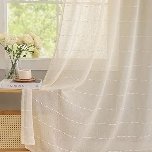 Sheer Curtains 84 Inches Long Farmhouse Curtains for Living Room,Modern Style with White Striped Pattern,Light Filtering Neutral Panel Drapes for Bedroom Cottage Window, 52" W X 84" L,Vanilla