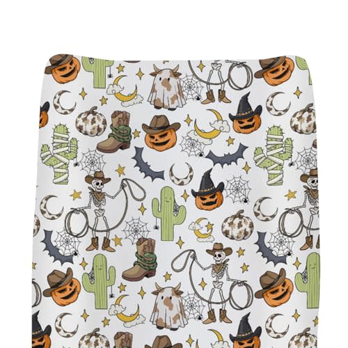 Western Halloween Cowboy Baby Changing Pad Covers for Boy Girl Spooky Skeleton Pumpkin Cactus Witch Bats Fitted Change Table Pad Covers Mats Wild West Country Soft Diaper Changing Pad Sheets 32''×16''