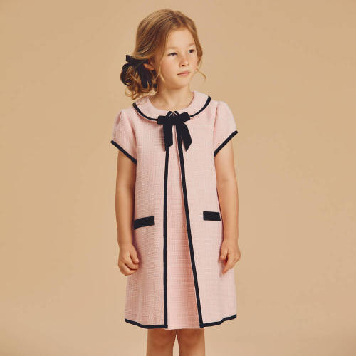 Beatrice & George - Girls Pink Tweed & Black Velvet Dress | Childrensalon (2 Years)