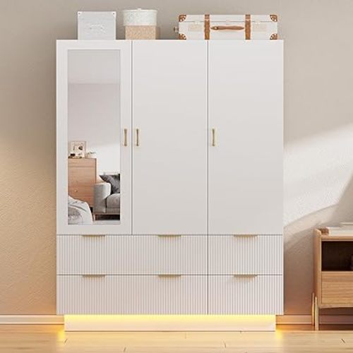 PAKASEPT Armario de 3 puertas, armario de dormitorio con espejo y luces LED, barra para colgar, cajones, armario de almacenamiento de gran capacidad para dormitorio