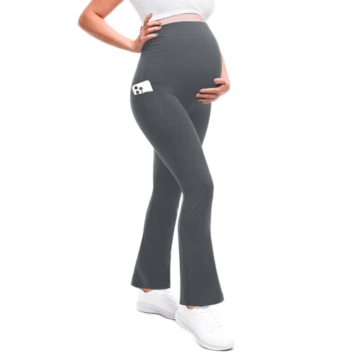 Leafigure Maternity Flare Leggings with Pockets Over The Belly Yoga Pants for Workout Soft Pregnancy Activewear