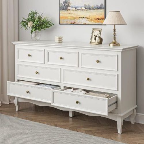 Heynemo Dresser for Bedroom, Modern 7 Drawer Dresser with Solid Wood Legs and Painted Finish, Ideal for Nursery, Living Room, Hallway
