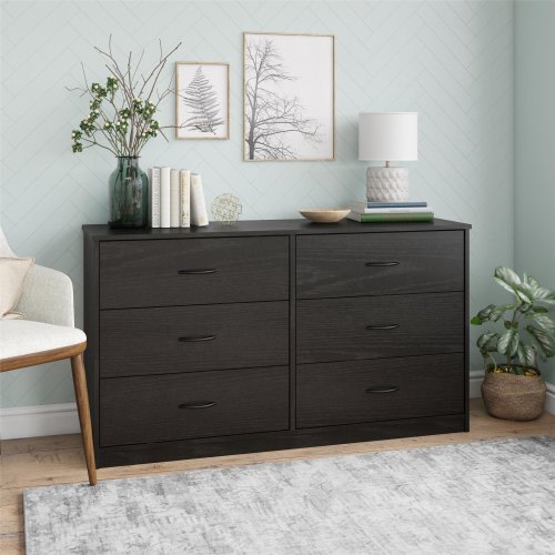 Mainstays Classic 6 Drawer Dresser, Black Oak Finish - Charcoal