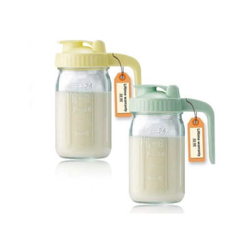 2 Pack 32oz Glass Pitcher with Lid & V-shaped Pour Spout - 1 Quart Double Leak Proof, Breastmilk Storage Container