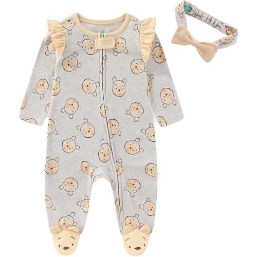 Disney Winnie the Pooh Baby Girls Long Sleeve Footies Coverall Romper With Headband for Newborn and Infant