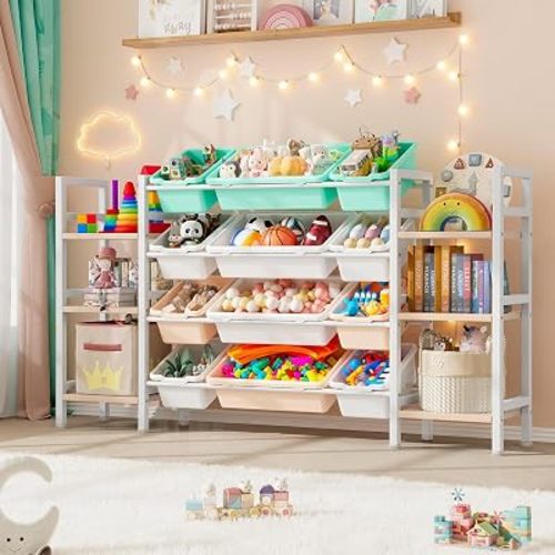 Extra Large Toy Storage - Toy Storage Organizer, Kids Bookshelf and Toy Organizer, 3-Tier Nursery Bookshelf with 12 Bins & Anti-Tip for Playroom Bedroom, Natural