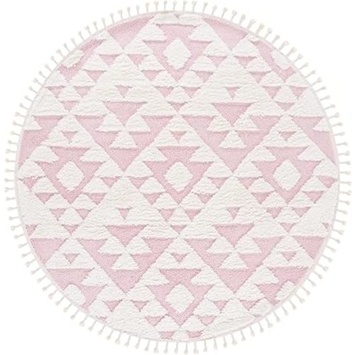 SAFAVIEH Moroccan Tassel Shag Collection Area Rug - 6'7" Round, Ivory & Pink, Moroccan Design, Ideal for High Traffic Areas in Living Room, Bedroom & Dining Room (MTS688U-7R)