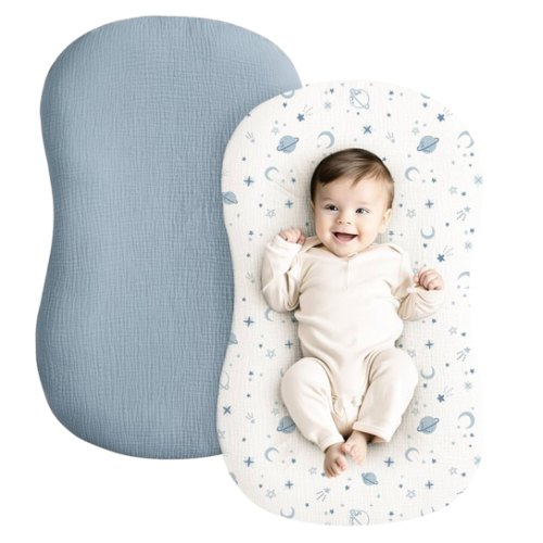 Konssy Muslin Baby Lounger Cover 2 Pack, 100% Cotton Newborn Lounger, Soft and Breathable for Boys Girls, Covers Only (Blue Whale, Blue)