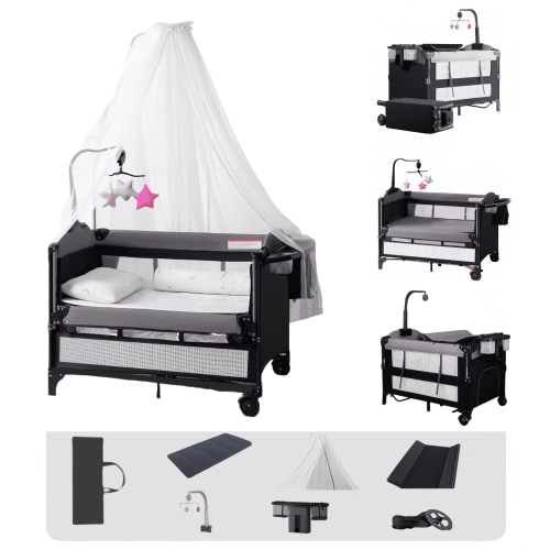 5 in 1 Baby Playards Bedside Crib,Easy Folding Portable Playards with Luxury Mosquito Net for 0-36 Months, Reversible and Music Mobile