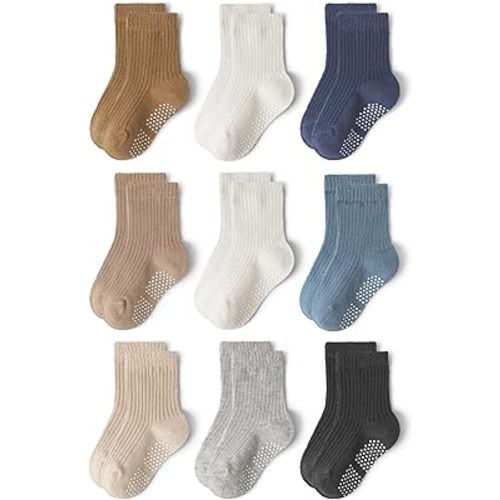 Bearbay 9 Pairs Toddler Non Slip Cotton Crew Socks with Anti-slip Dots for Infant Baby Boys Girls