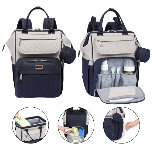 BabbleRoo Widetop Waterproof Diaper Backpack with Insulated Bottle Pockets, Polyester- Stone Gray & Blue