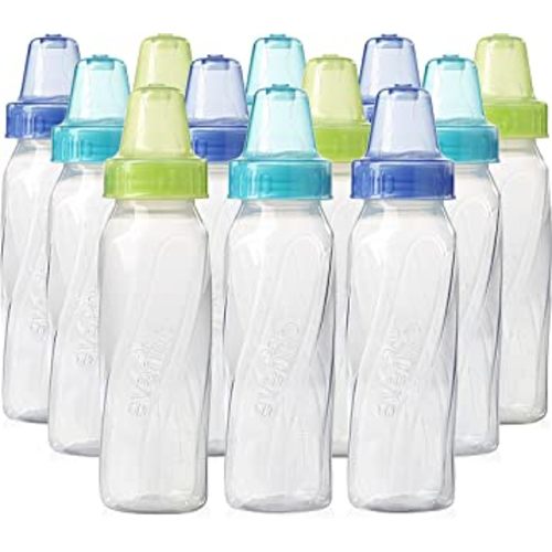 Evenflo Feeding Classic Clear Plastic Standard Neck Bottles for Baby, Infant and Newborn - Teal/Green/Blue, 8 Ounce (Pack of 12)