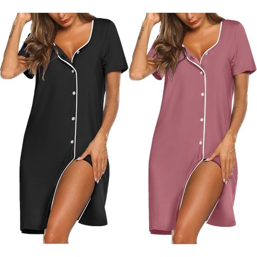 Ekouaer Nightgowns for Women 2 Pack Night Gowns Button Down Sleep Shirts