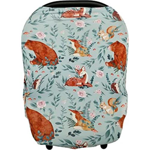 Baby Car Seat Cover, Multi-use Nursing Cover for Breastfeeding, Stretchy Stroller Cover Boys Girls, Stretchy Carseat Canopy, Soft Breathable, Woodland Animal Bear