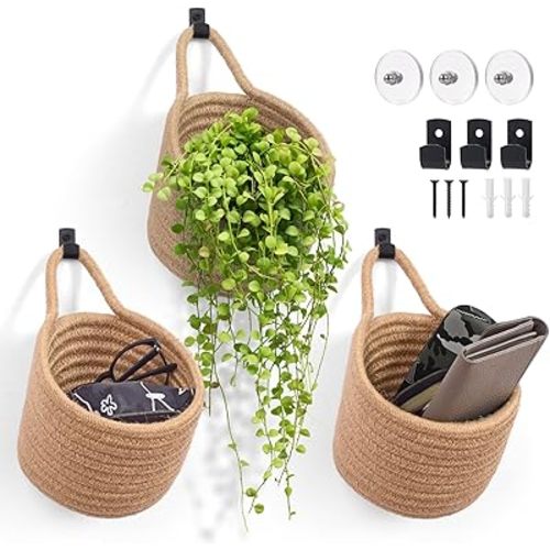 Fabric Wall Hanging Baskets - 3Pack Woven Pouchs Boho Style Wall Mounted Bag with Adhesive Hooks, Storage Organizers and Decoration Pocket Caddy Bins on Door Rack (Linen & Black, Large)