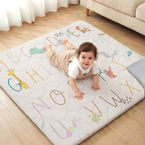 Joypony Baby Play Mat for Floor 50×50in, Quilted 1.6in Extra Thick Crawling Mat for Toddlers, Non-Slip Kids Play Mats for Playpen with Washable Removable Cover, Alphabet
