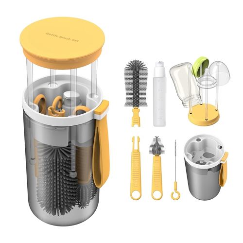 Travel Baby Bottle Brush Set with Extendable Liquid Silicone Bottle Brush,Nipple Brush,Built-in Bottle Drying Rack,Straw Cleaner Brush,Baby Bottle Soap Dispenser,Bottle Warmer (Yellow)