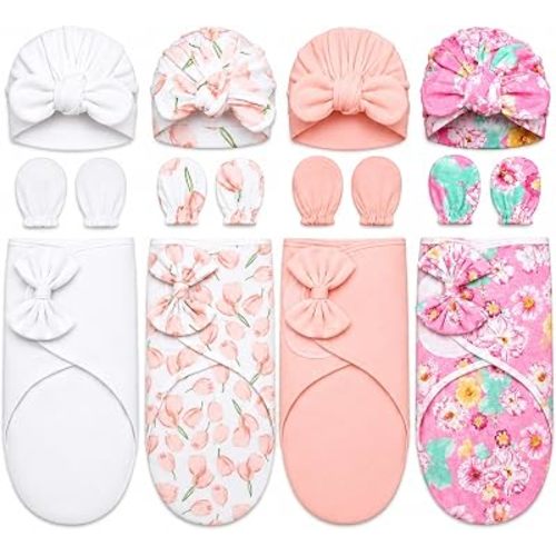 Ramede 4 Pack Baby Swaddle Blanket 0-3 Months with Hats and Mittens Set, Soft Cotton Newborn Swaddles for Boys Girls, Adjustable Infant Sack, Gifts for Baby Shower(0-3 Months,Floral Style)