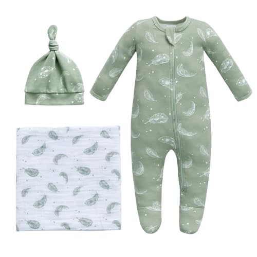 Owlivia Organic Take Me Home Outfit Set, Newborn Baby Boy Girl Footed Pajama Hat and Muslin Blanket Gift Set,3 Pcs