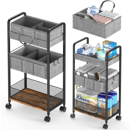 2In1 Baby Diaper Caddy & 3-Tier Rolling Diaper Cart, Diaper Caddy Organizer Cart with Dividers, Mobile Metal Utility Cart for Nursery Essentials, Detachable Bedside Cart, Large Capacity