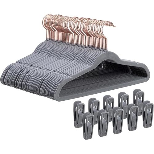 14 Inch Kids Velvet Hangers – 50 Pack | Non-Slip, Space-Saving Closet Hangers for Big Kids & Youth | Durable Felt Hanger with 10 Clips (Gray)