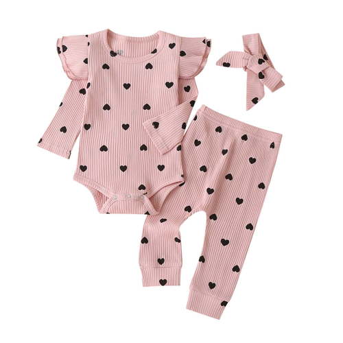 BLVB Newborn Baby Girl Clothes Ruffle Long Sleeve Romper Tops Pants Headband Infant Cute Heart Print Fall Outfits