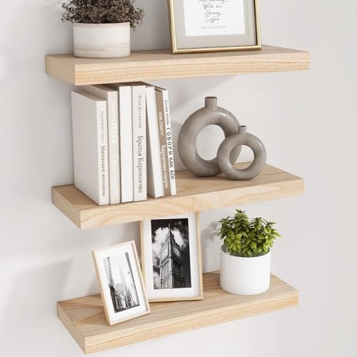Natural Wood Floating Shelves - Wood Floating Shelves for Wall Set of 3-17 Inch Wide x 6.7 Inch Deep Natural Wooden Shelves for Living Room Bedroom Home Office